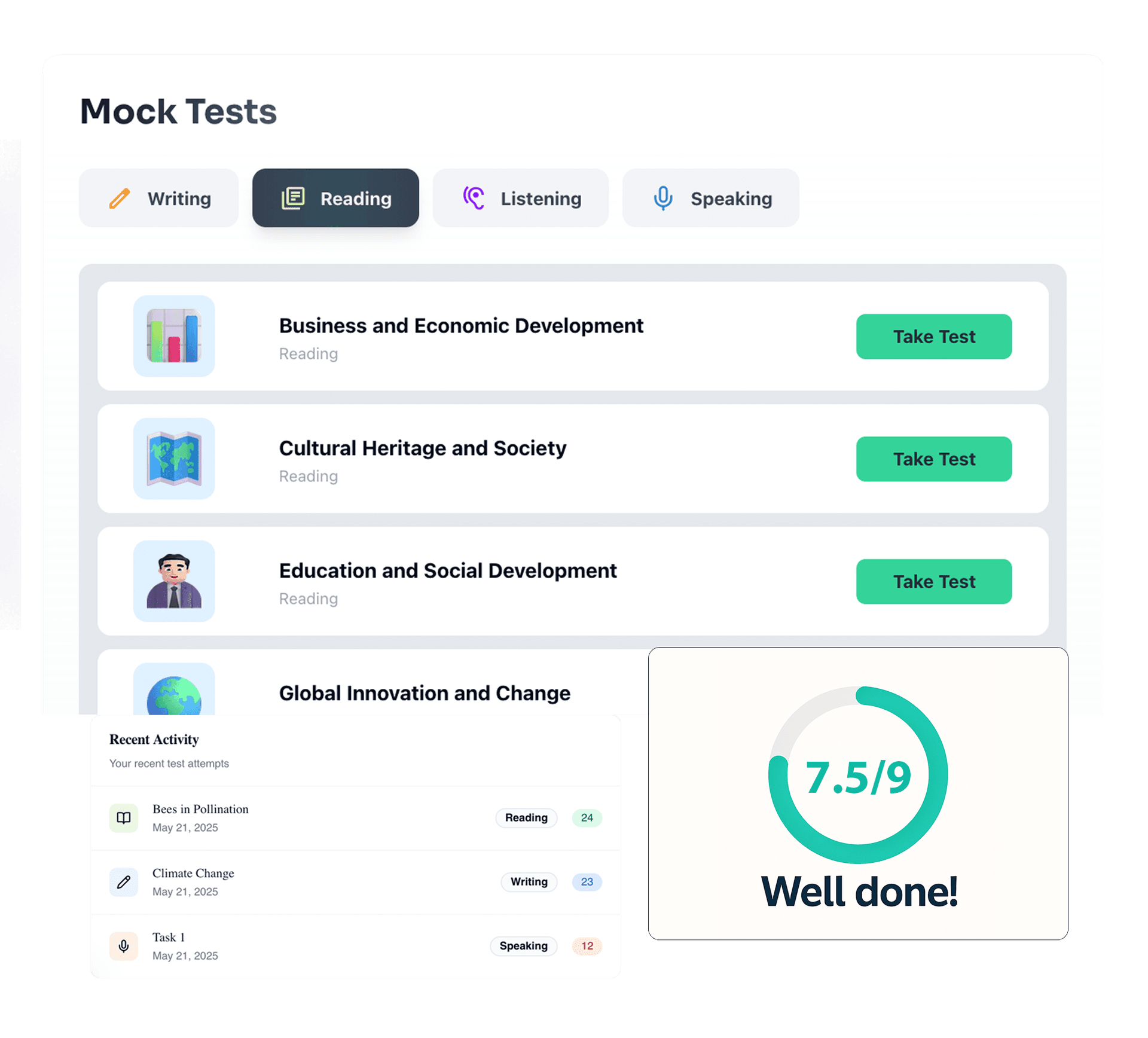 IELTS practice platform illustration showing test interface and scoring